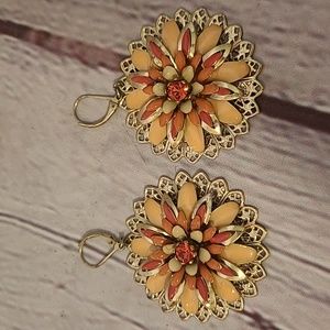 Vintage Bohm Pierced Earrings Large Round Brass Tan Flower Statement Costume